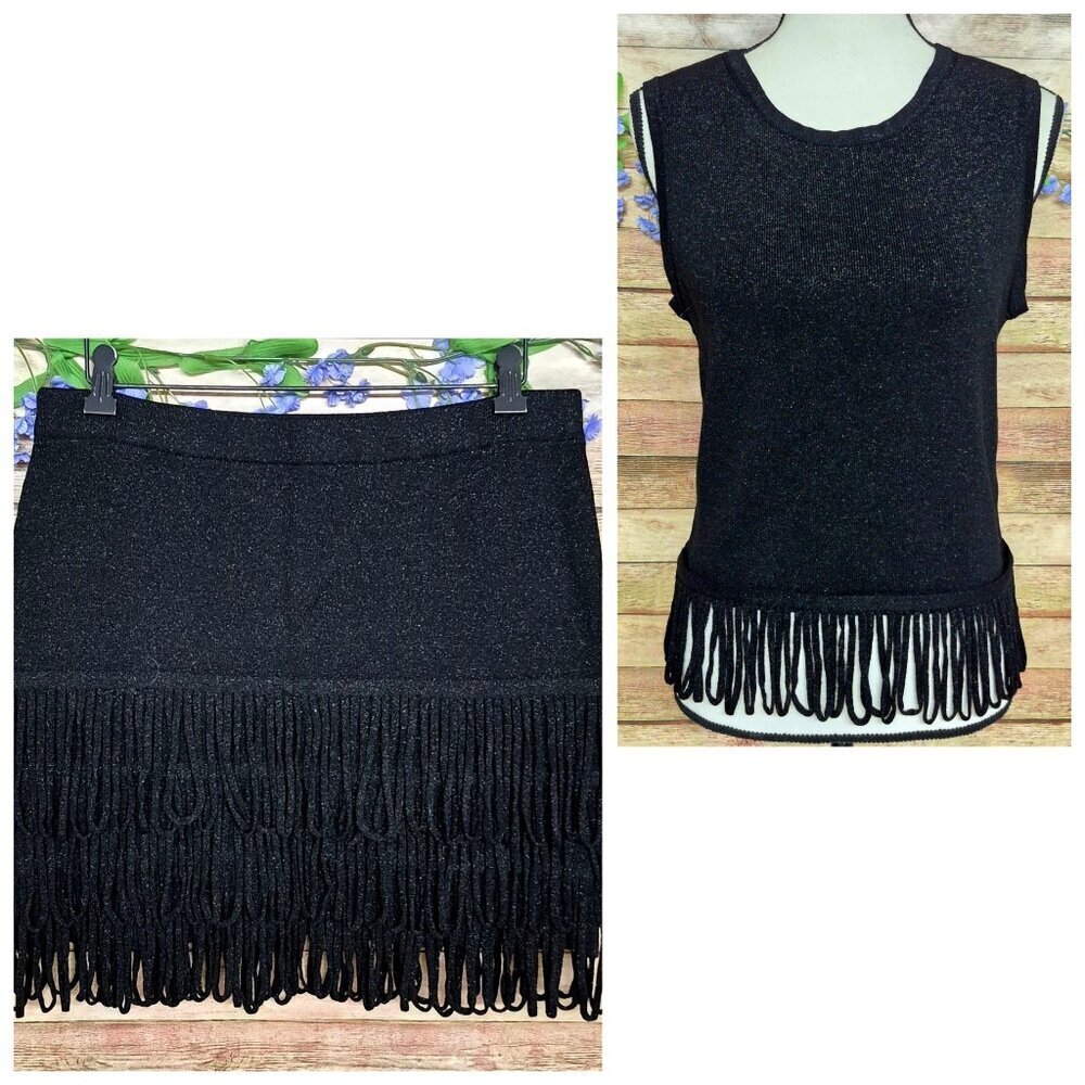 Anthropologie Endless Rose Sz L Black Metallic Loop Fringe Mini Skirt & Tank Top